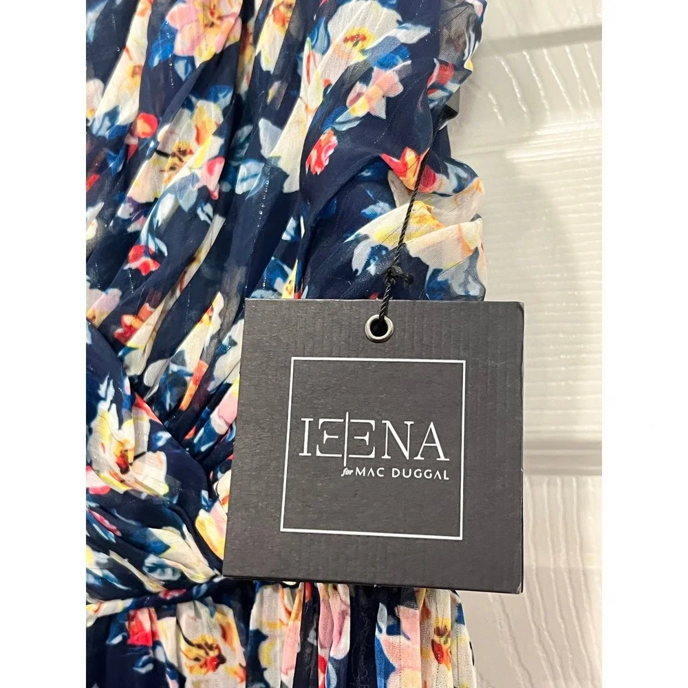 NEW IEENA Mac Duggal Sz 16 Floral Print Navy Blue V Neck Semi Formal Midi Dress